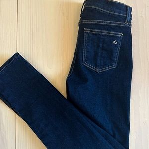 Pristine Rag and Bone high waisted skinny stretch, dark blue jeans, size 27.